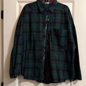 POL Forest Green & Navy Plaid Blouse